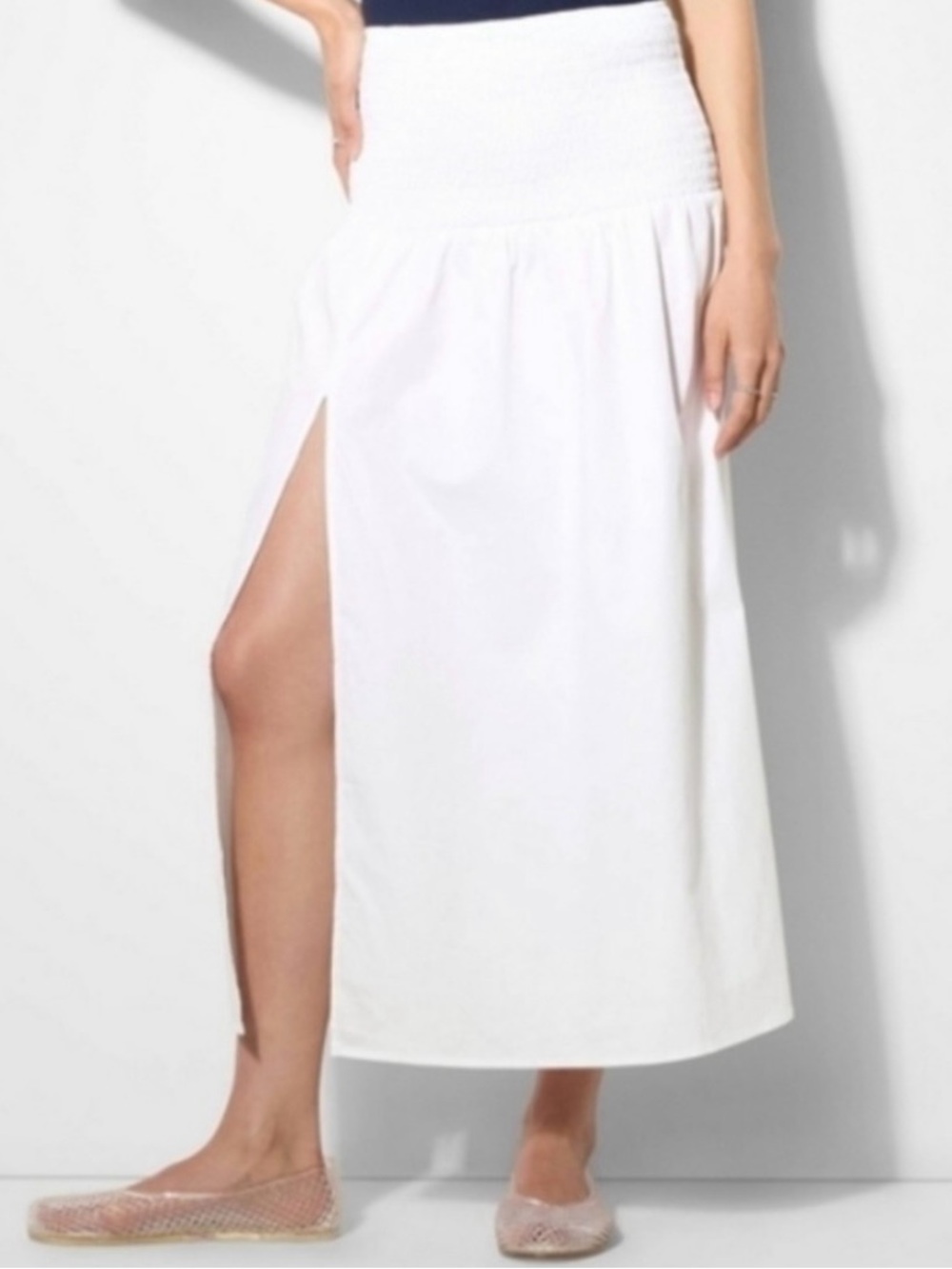 White Smocked Maxi Skirt with Side Slit XXL